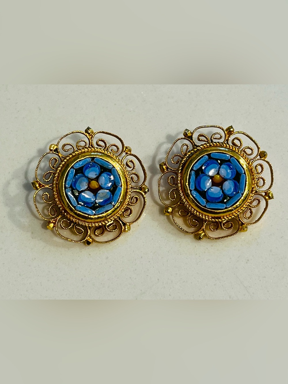 Italian Micro Mosaic Filigree Blue Multi Color Earrings